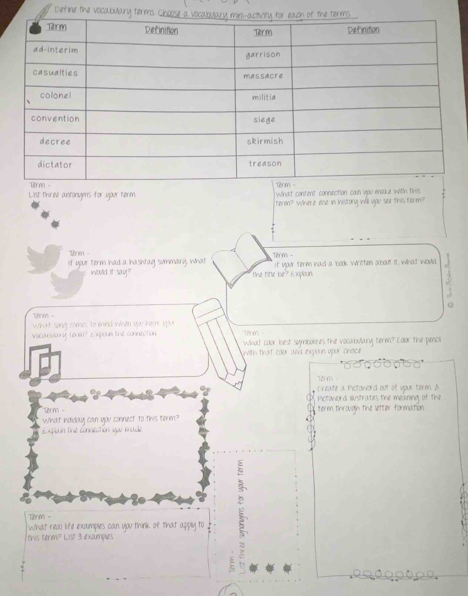 define the vocabulary terms choose a vocabulary mini - activity for eac…