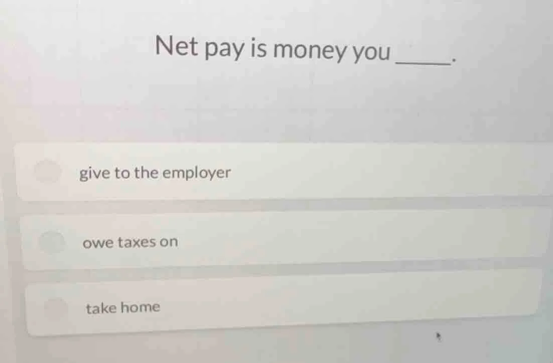 net pay is money you ______. - give to the employer - owe taxes on - ta…