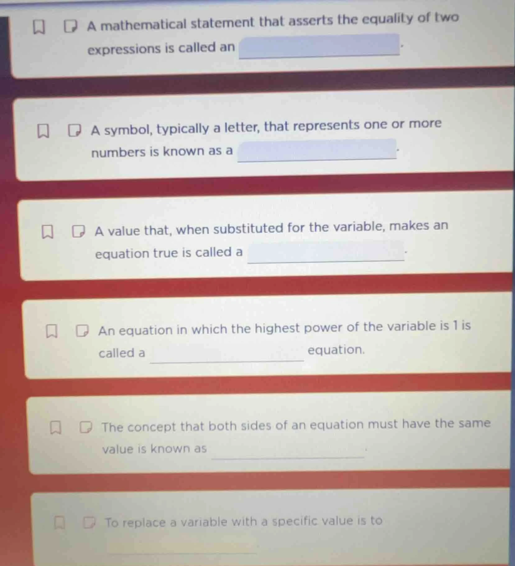 a mathematical statement that asserts the equality of two expressions i…