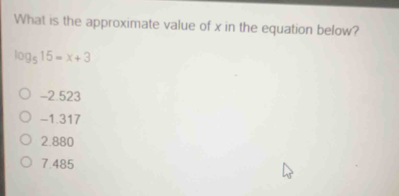 what is the approximate value of x in the equation below?\\(\\log_{5}15…