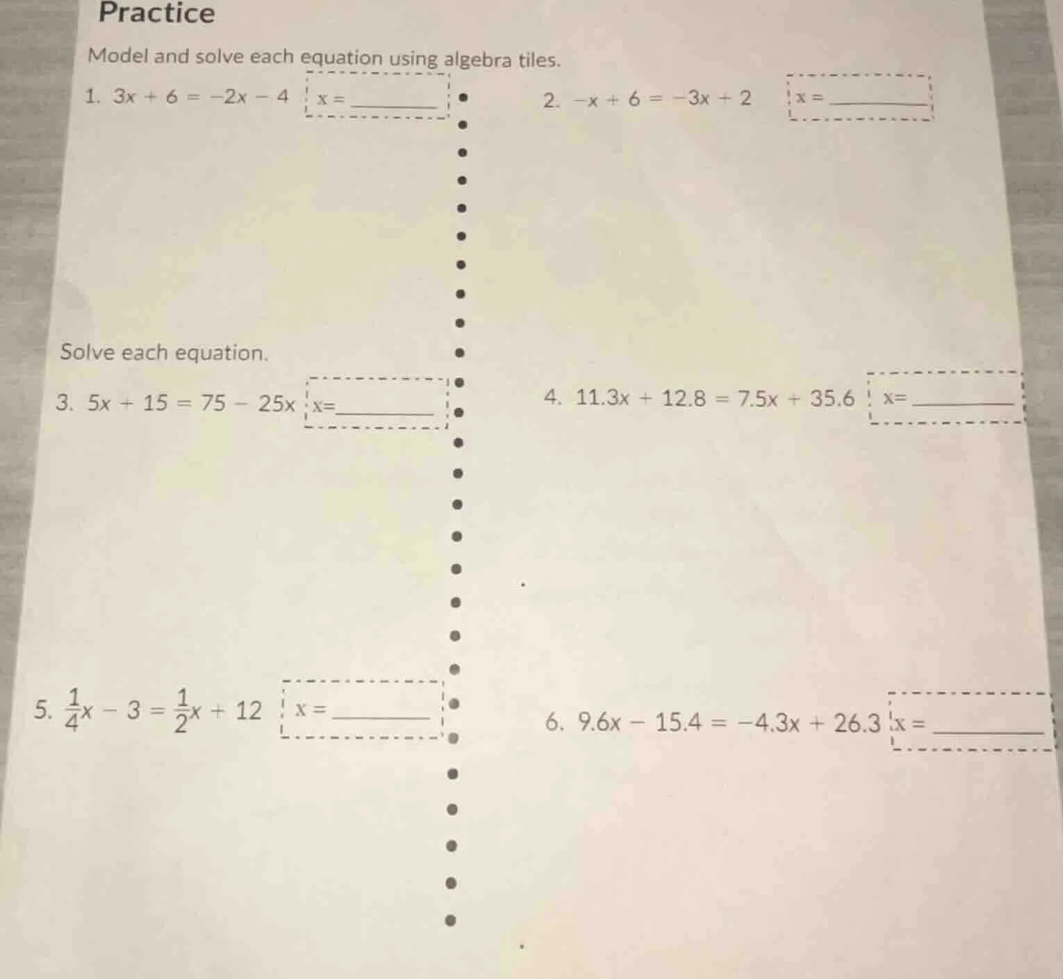 practice model and solve each equation using algebra tiles. 1. $3x + 6 …