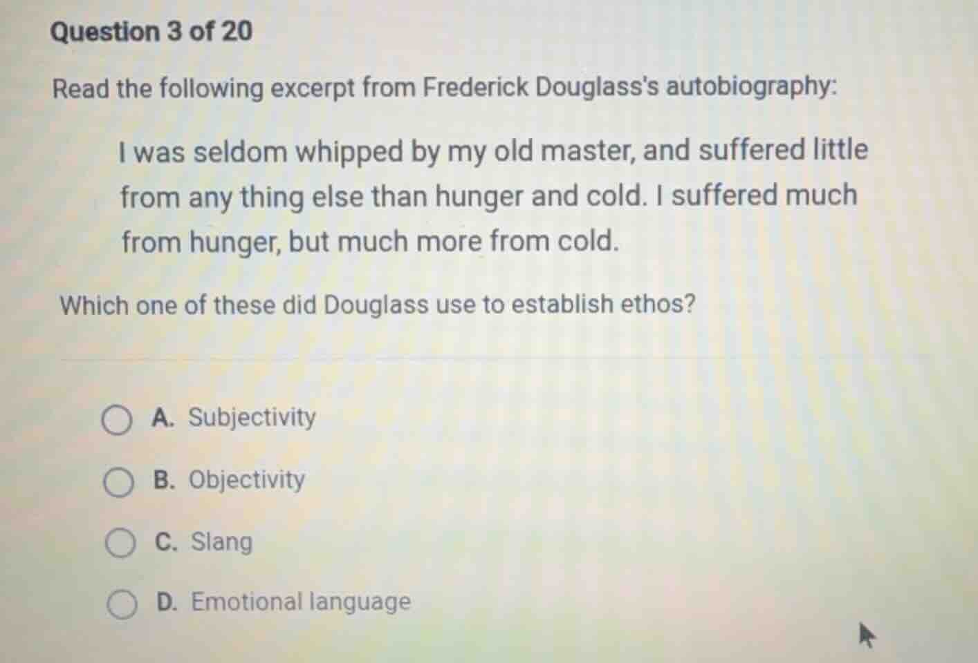 question 3 of 20 read the following excerpt from frederick douglasss au…