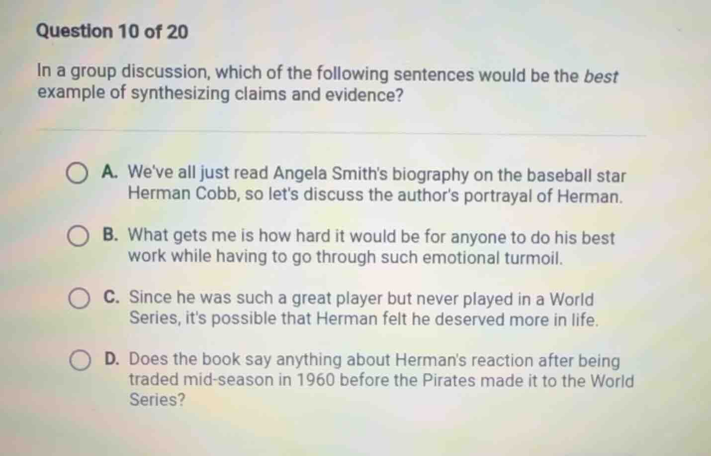 question 10 of 20 in a group discussion, which of the following sentenc…