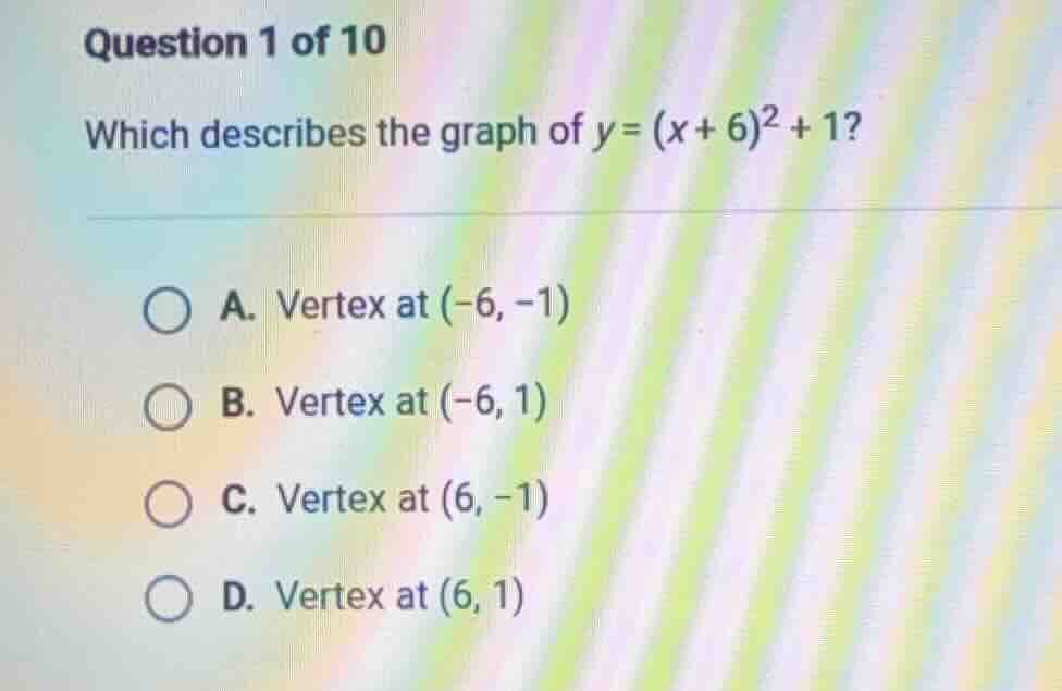 question 1 of 10 which describes the graph of $y = (x + 6)^2 + 1$? a. v…