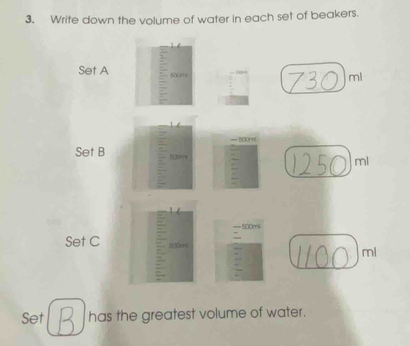 3. write down the volume of water in each set of beakers. set a 730 ml …