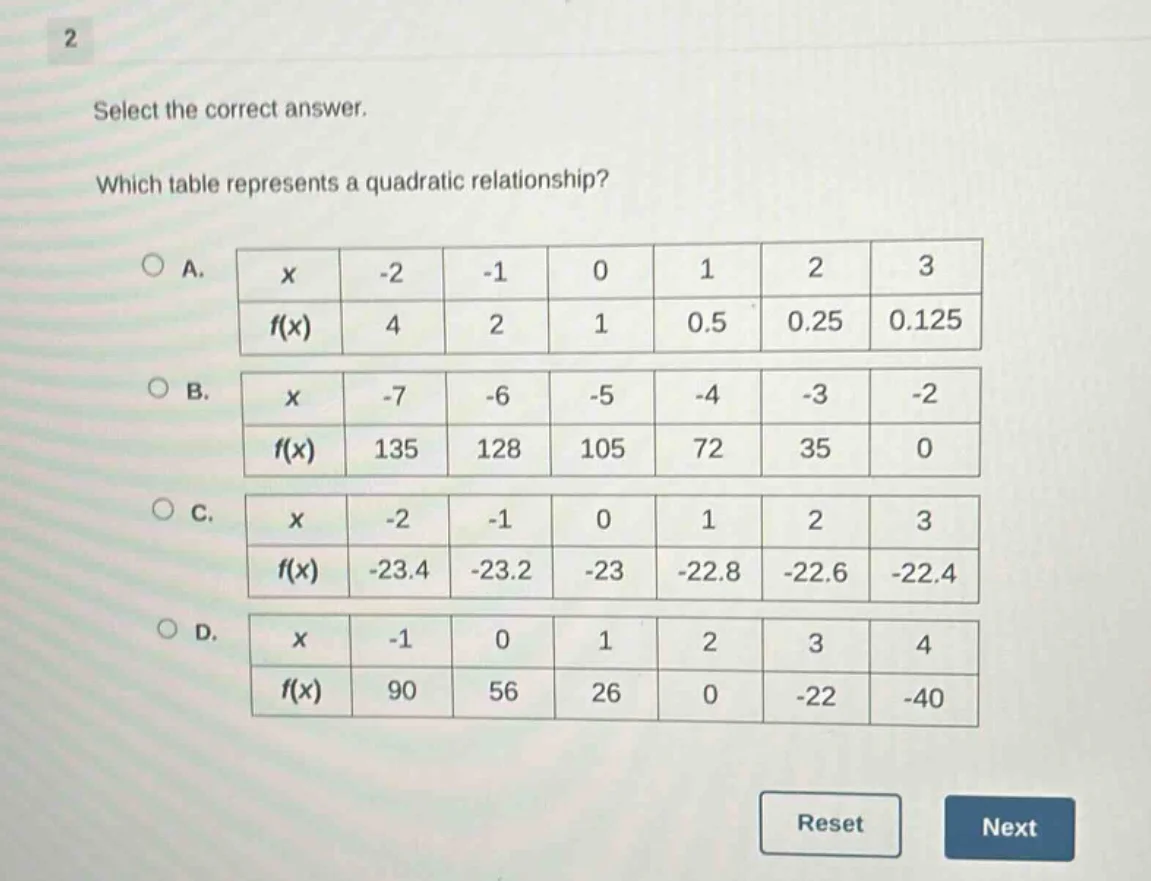 2 select the correct answer. which table represents a quadratic relatio…