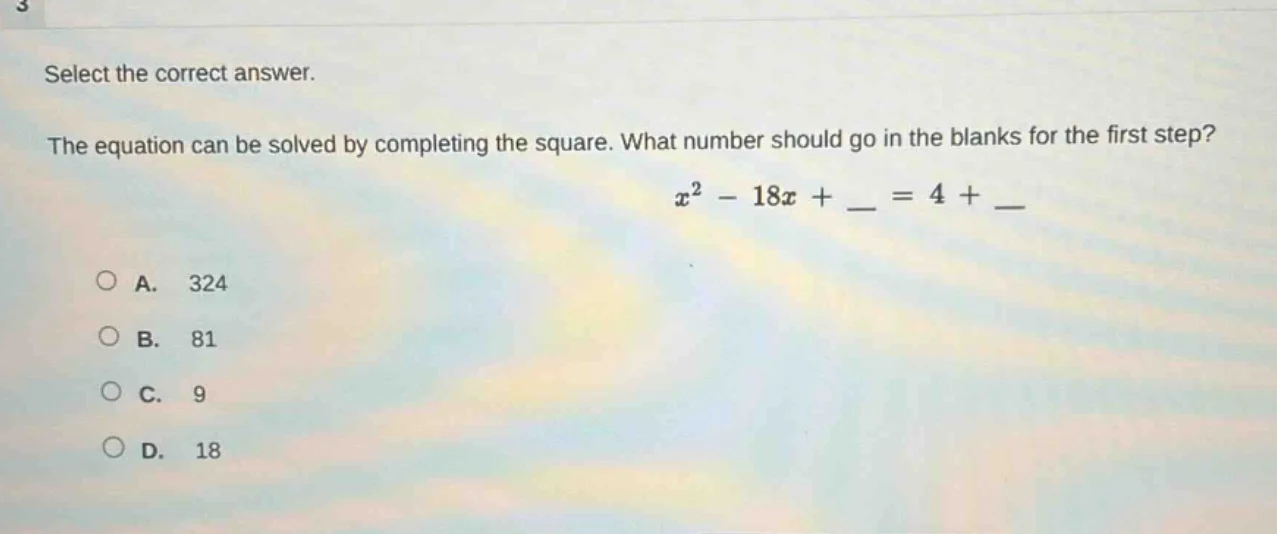 select the correct answer. the equation can be solved by completing the…