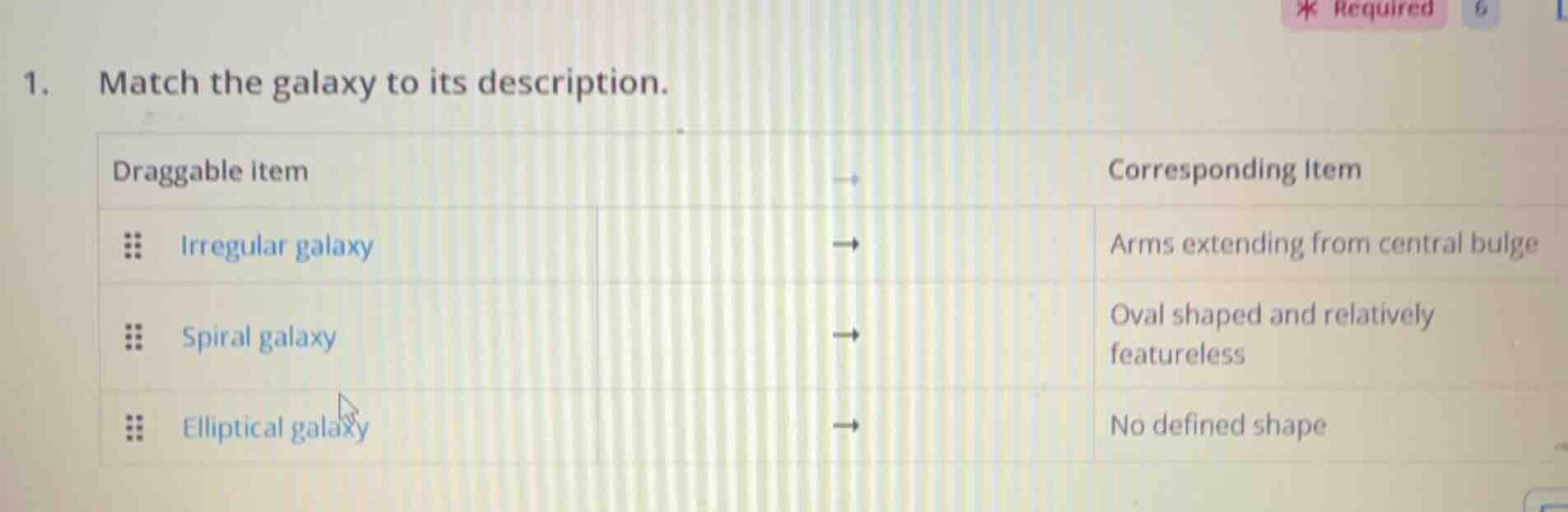 1. match the galaxy to its description. draggable item → corresponding …