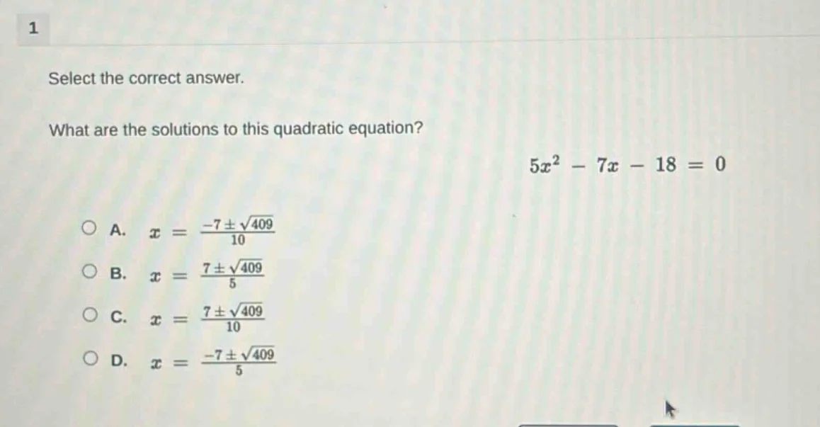 1 select the correct answer. what are the solutions to this quadratic e…