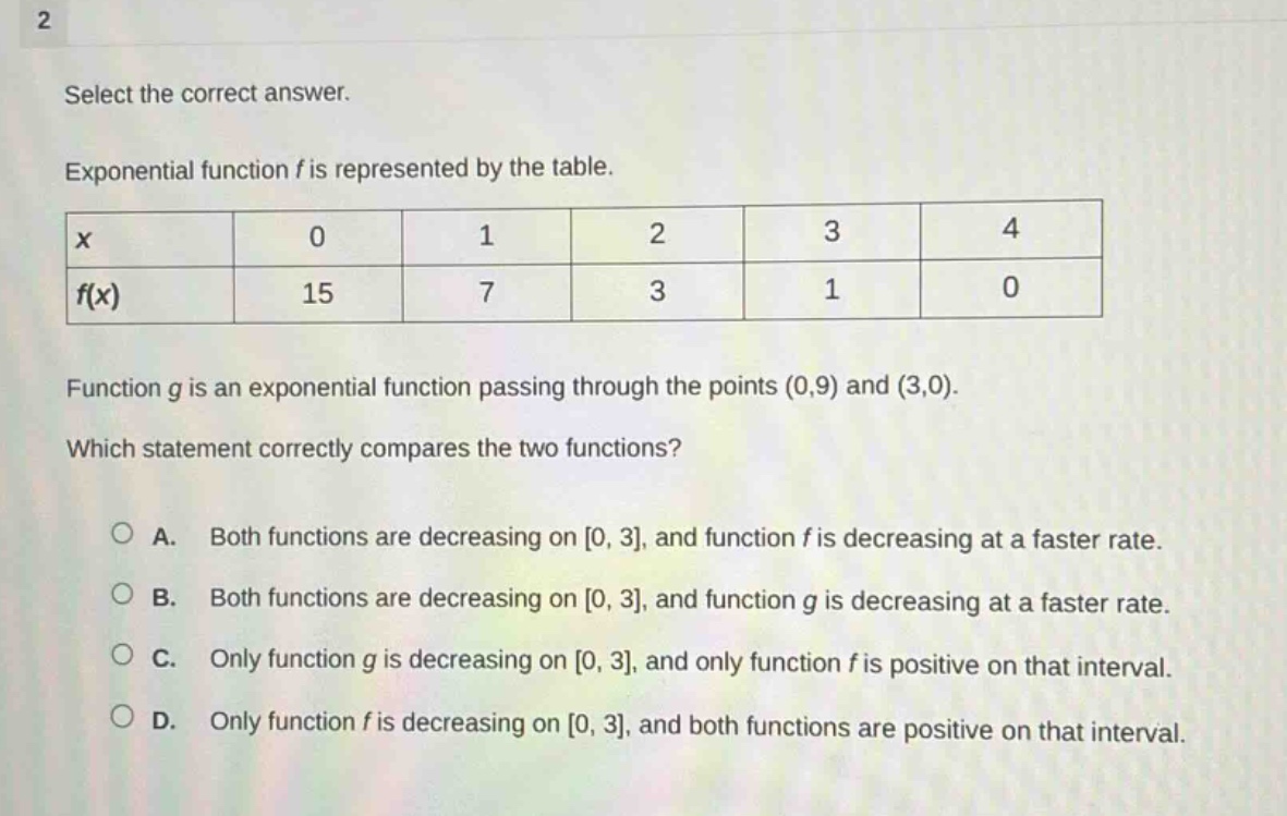 2 select the correct answer. exponential function f is represented by t…