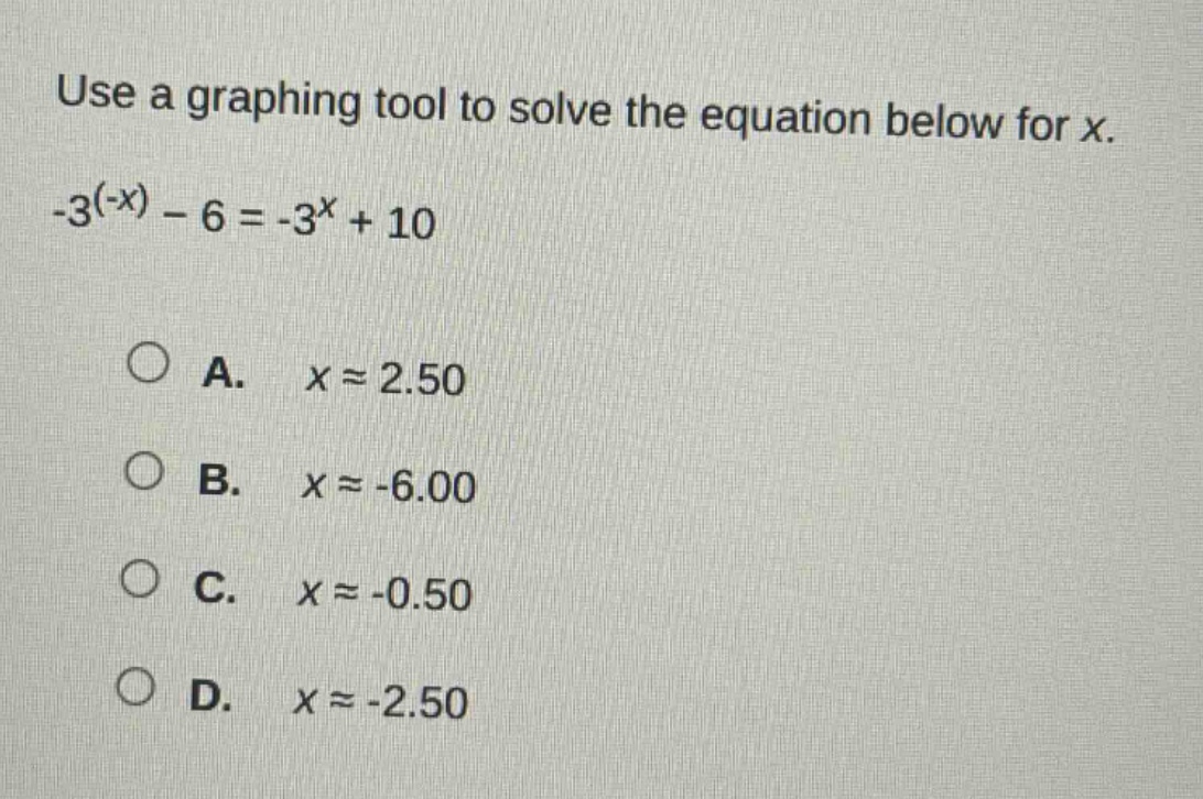 use a graphing tool to solve the equation below for x. $-3^{(-x)} - 6 =…