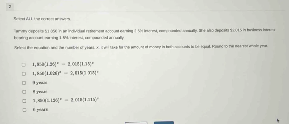 2 select all the correct answers. tammy deposits $1,850 in an individua…