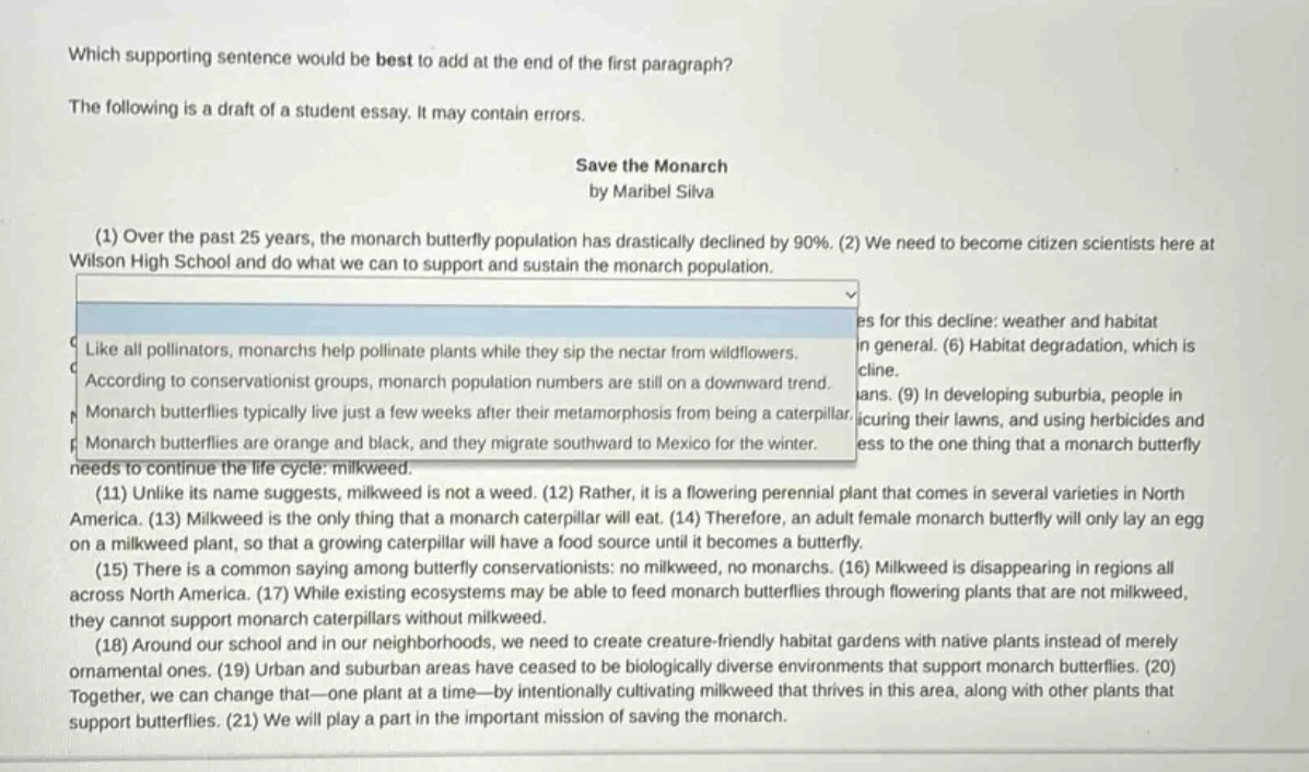 which supporting sentence would be best to add at the end of the first …