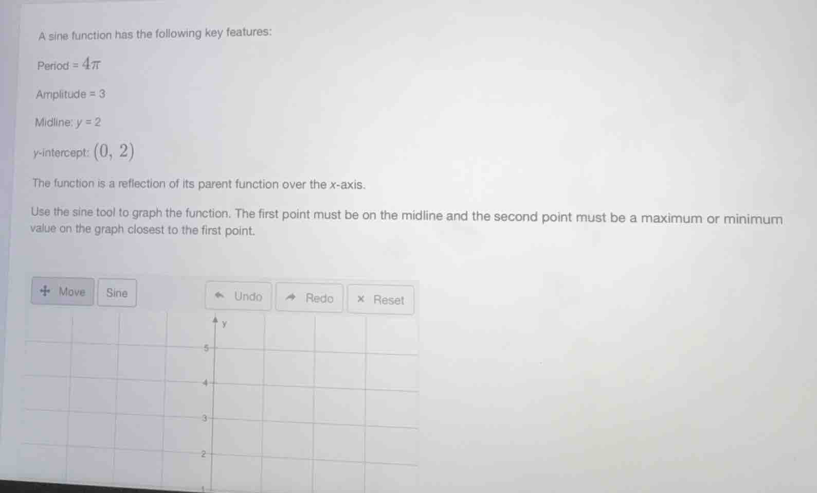a sine function has the following key features: period = 4π amplitude =…