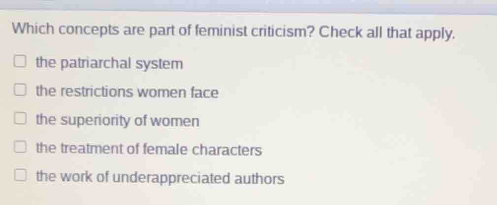 which concepts are part of feminist criticism? check all that apply. th…