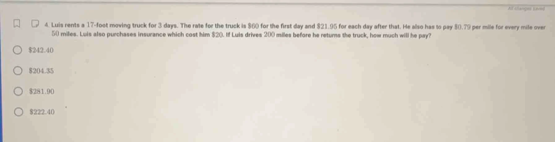4. luis rents a 17-foot moving truck for 3 days. the rate for the truck…