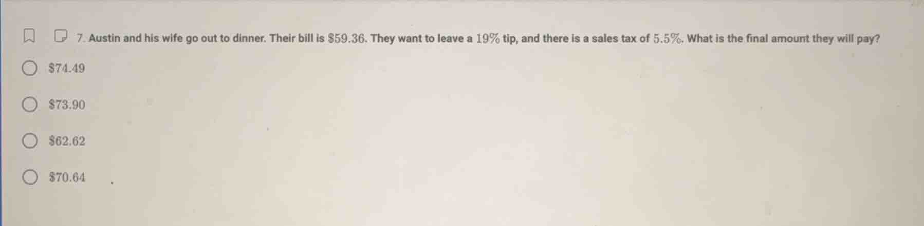 7. austin and his wife go out to dinner. their bill is $59.36. they wan…