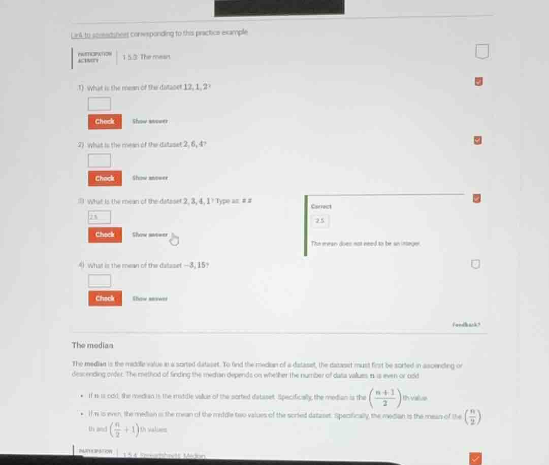 1) what is the mean of the dataset 12, 1, 2? 2) what is the mean of the…