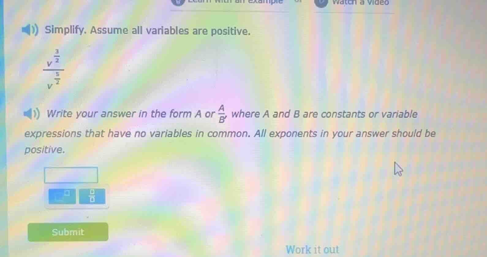 simplify. assume all variables are positive. \\(\\frac{v^{\\frac{3}{2}}…