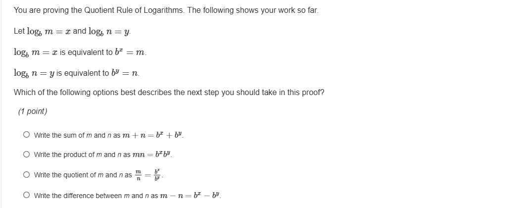 you are proving the quotient rule of logarithms. the following shows yo…