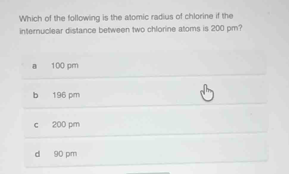 which of the following is the atomic radius of chlorine if the internuc…