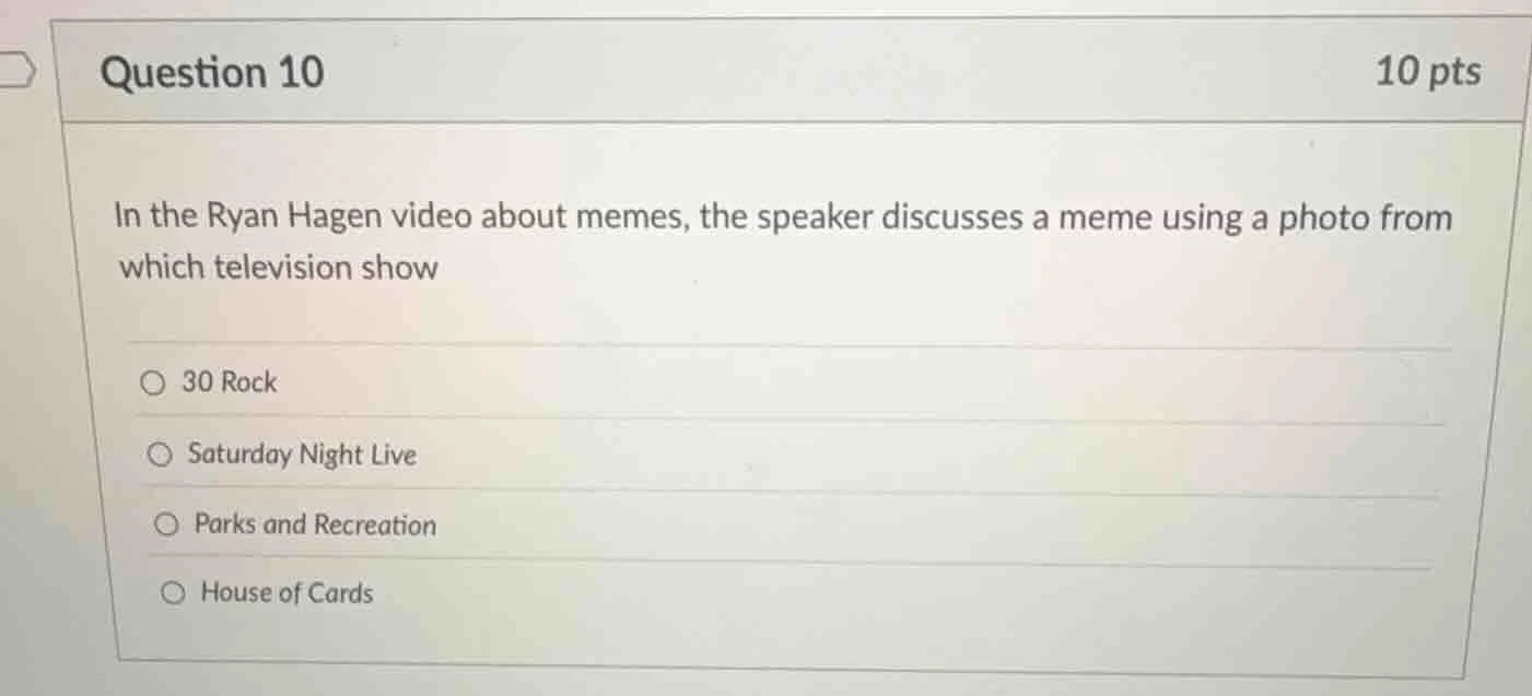 question 10 10 pts in the ryan hagen video about memes, the speaker dis…