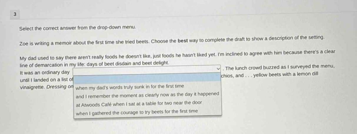 3 select the correct answer from the drop - down menu. zoe is writing a…