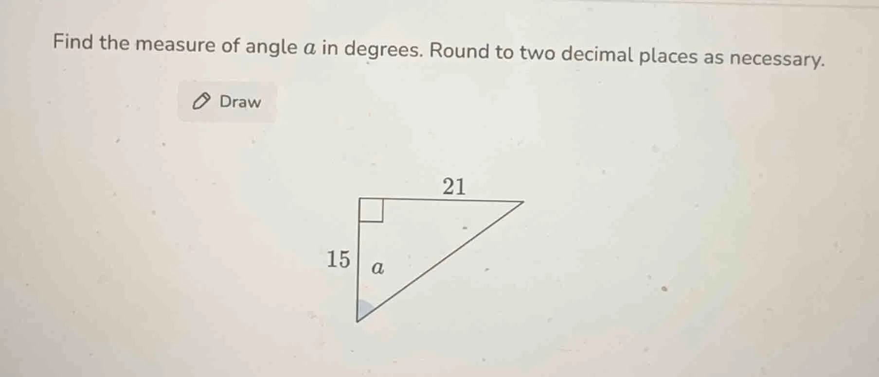 find the measure of angle a in degrees. round to two decimal places as …