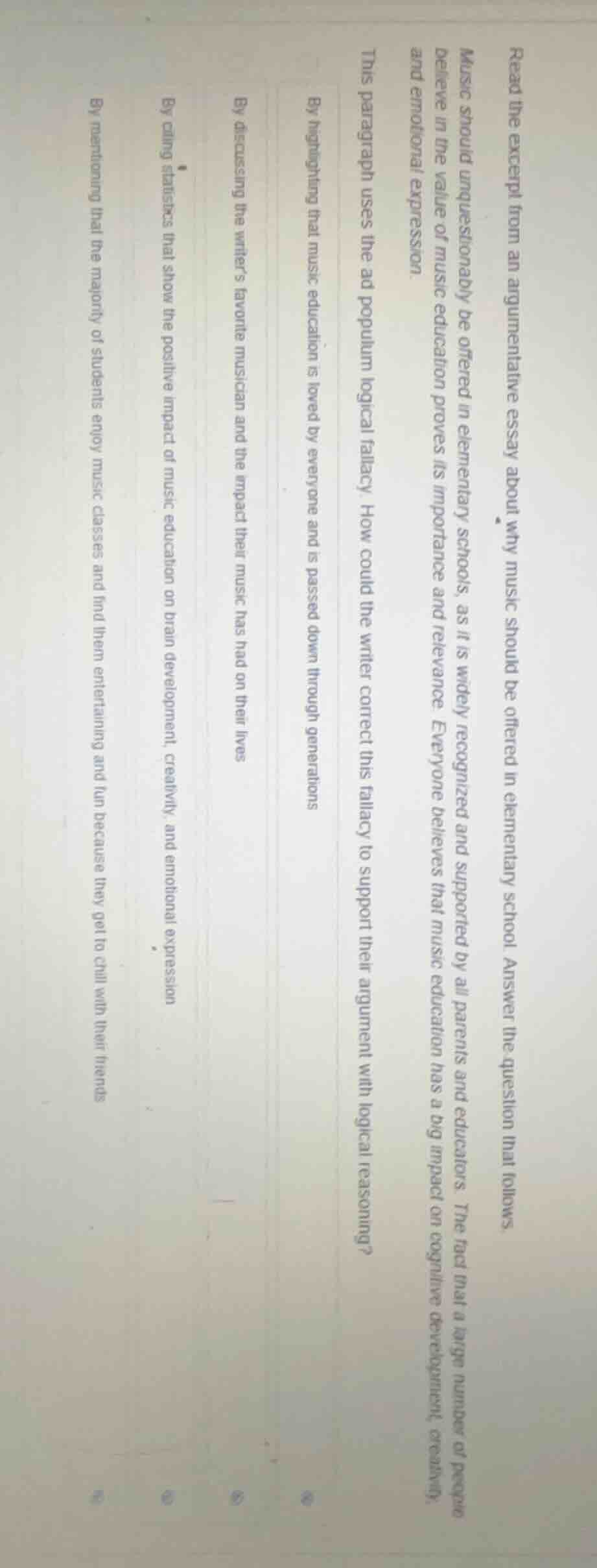 read the excerpt from an argumentative essay about why music should be …