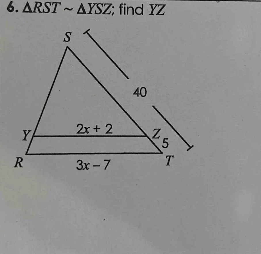 6. $\\triangle rst \\sim \\triangle ysz$; find $yz$ (image of triangle …
