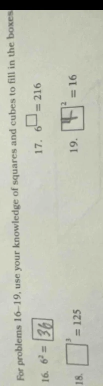 for problems 16 - 19, use your knowledge of squares and cubes to fill i…