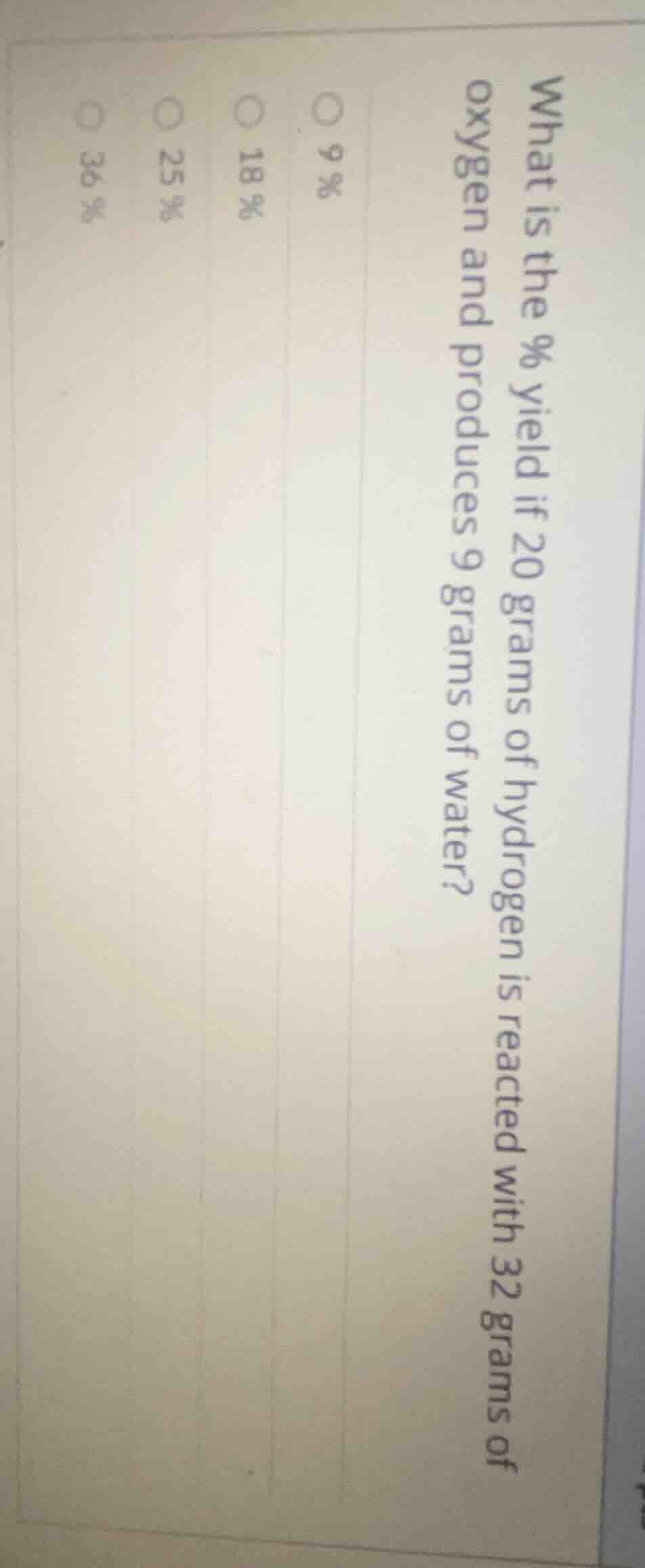 what is the % yield if 20 grams of hydrogen is reacted with 32 grams of…