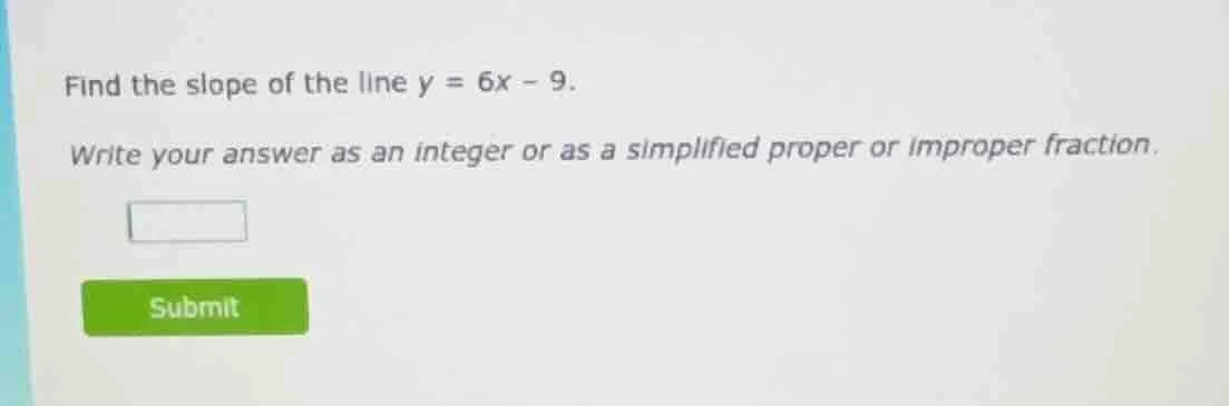 find the slope of the line y = 6x - 9. write your answer as an integer …
