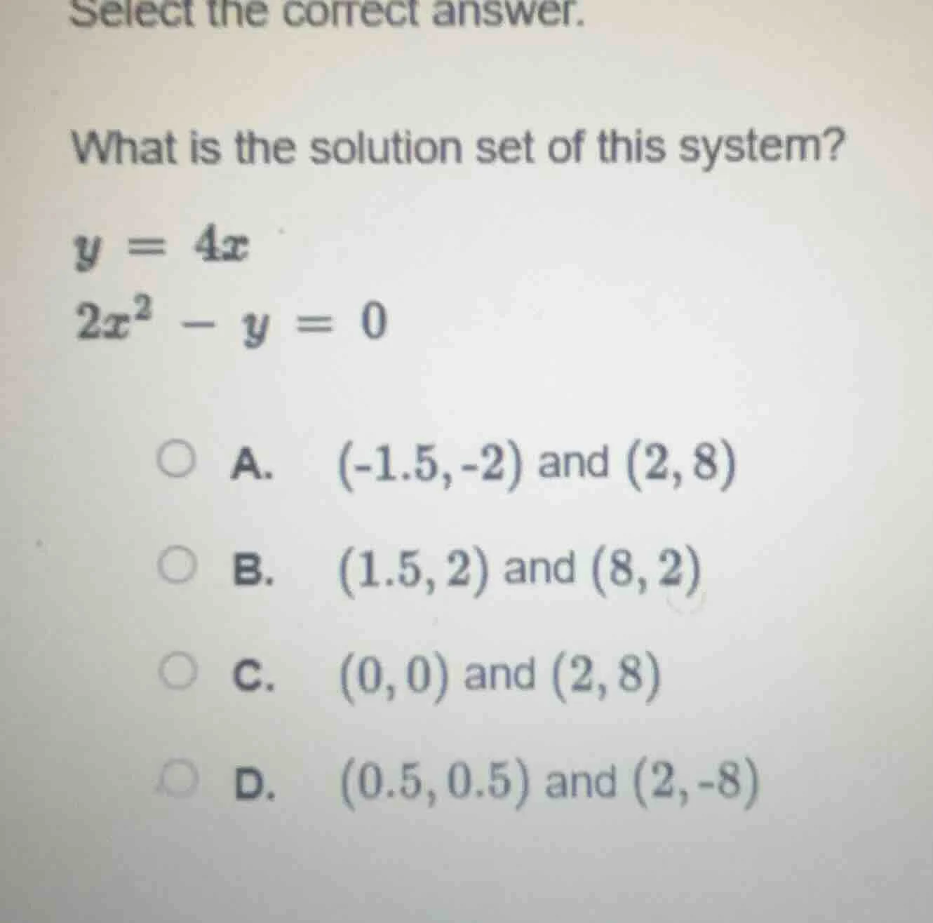 select the correct answer. what is the solution set of this system? y =…