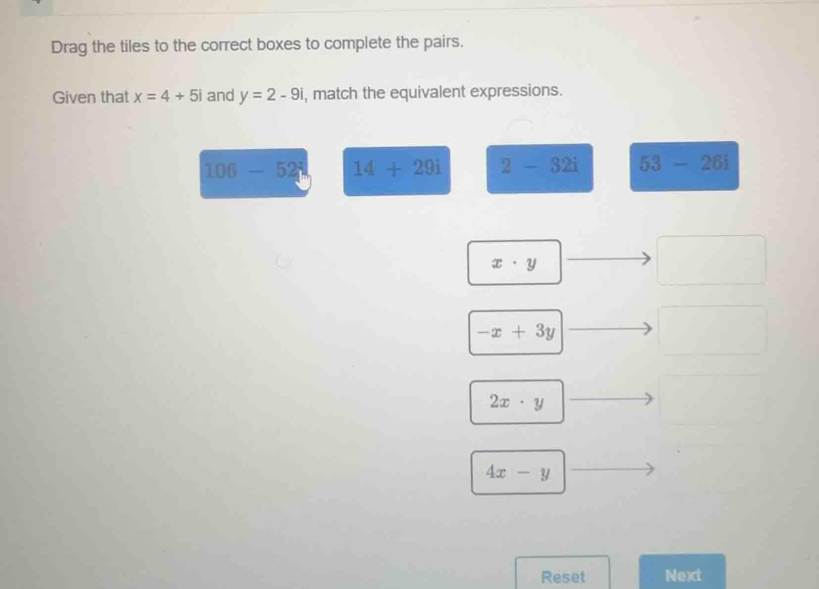 drag the tiles to the correct boxes to complete the pairs. given that x…