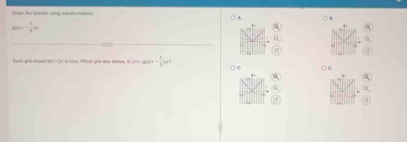 graph the function using transformations. $g(x) = -\frac{1}{3}|x|$ each…