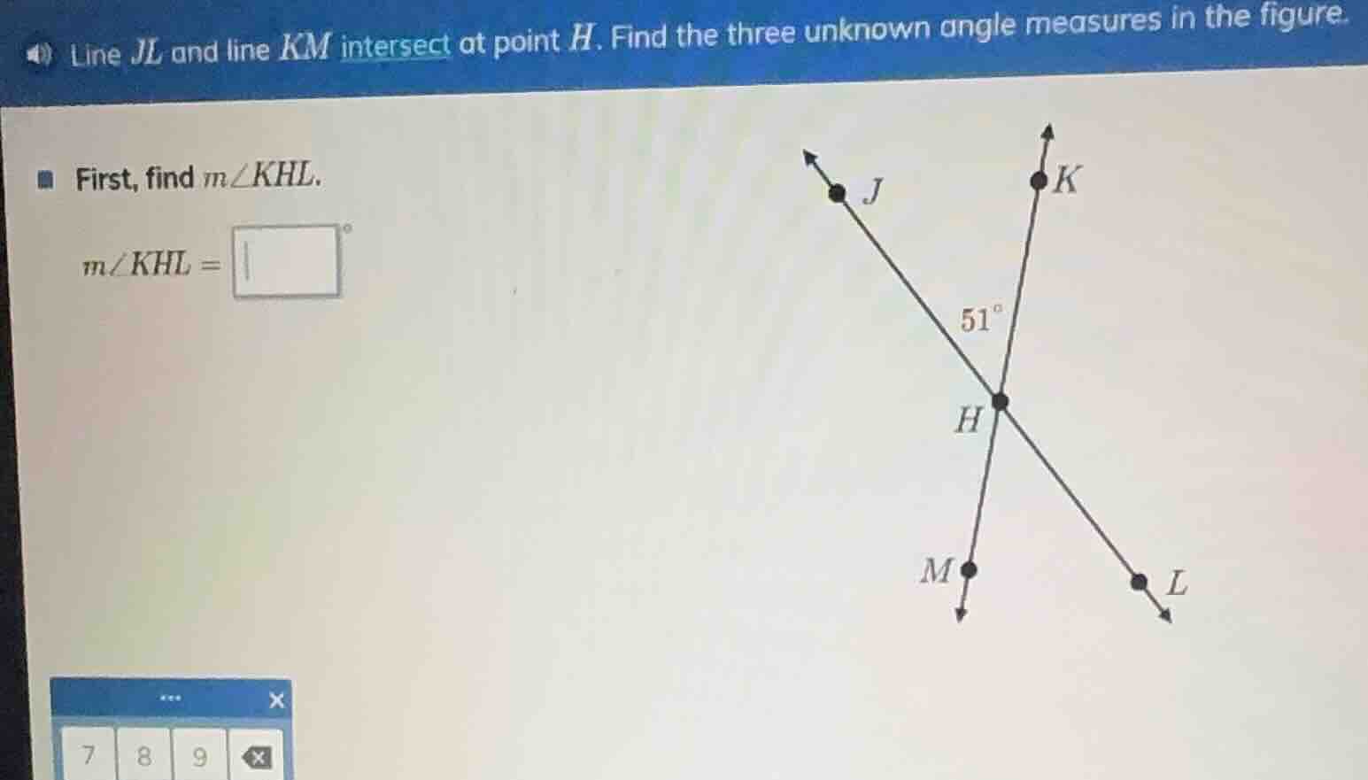 line jl and line km intersect at point h. find the three unknown angle …