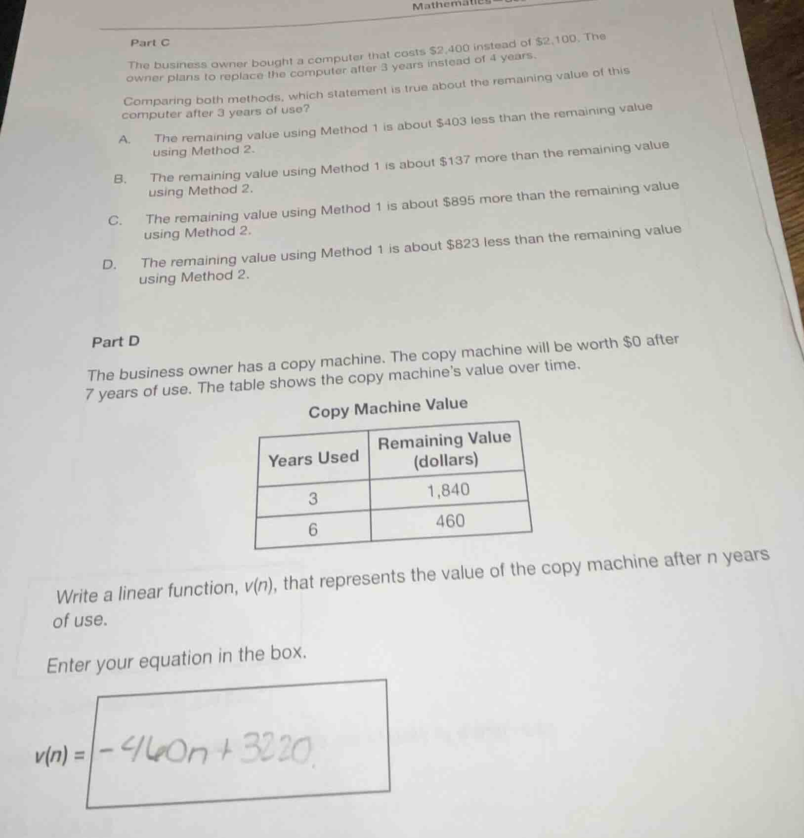 part c the business owner bought a computer that costs $2,400 instead o…