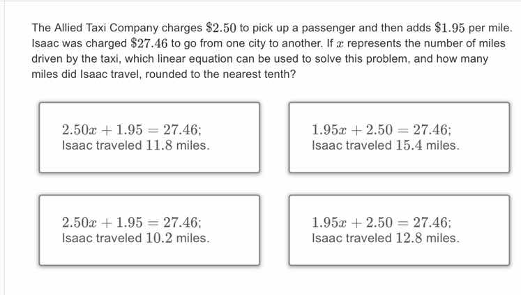 the allied taxi company charges $2.50 to pick up a passenger and then a…
