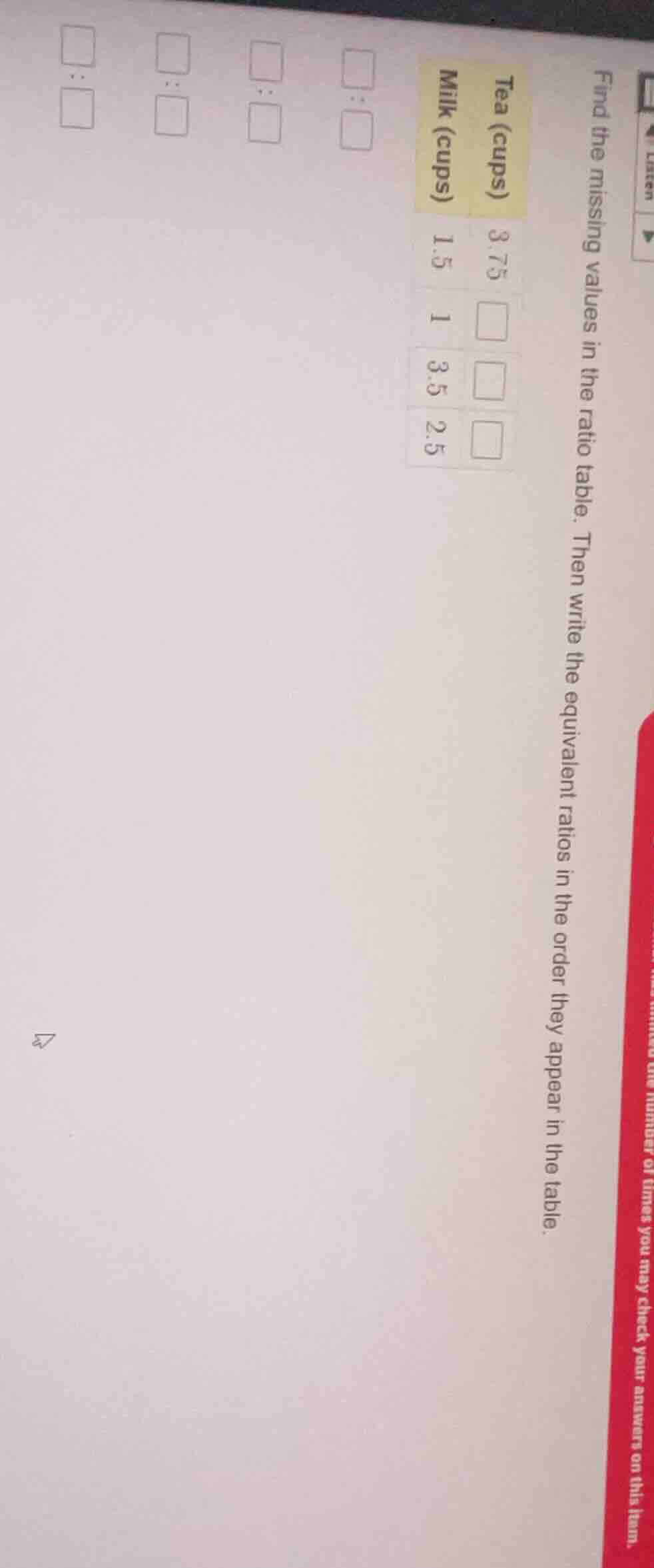 find the missing values in the ratio table. then write the equivalent r…
