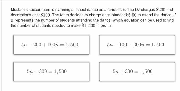 mustafas soccer team is planning a school dance as a fundraiser. the dj…
