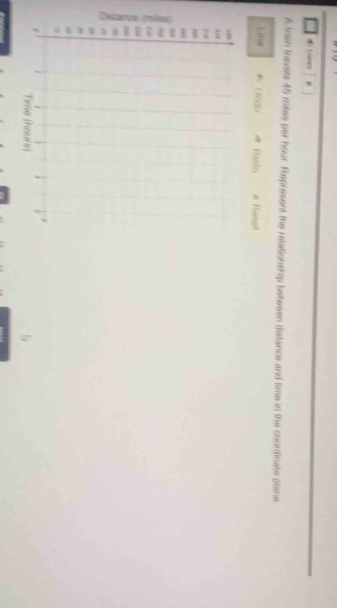 a train travels 45 miles per hour. represent the relationship between d…