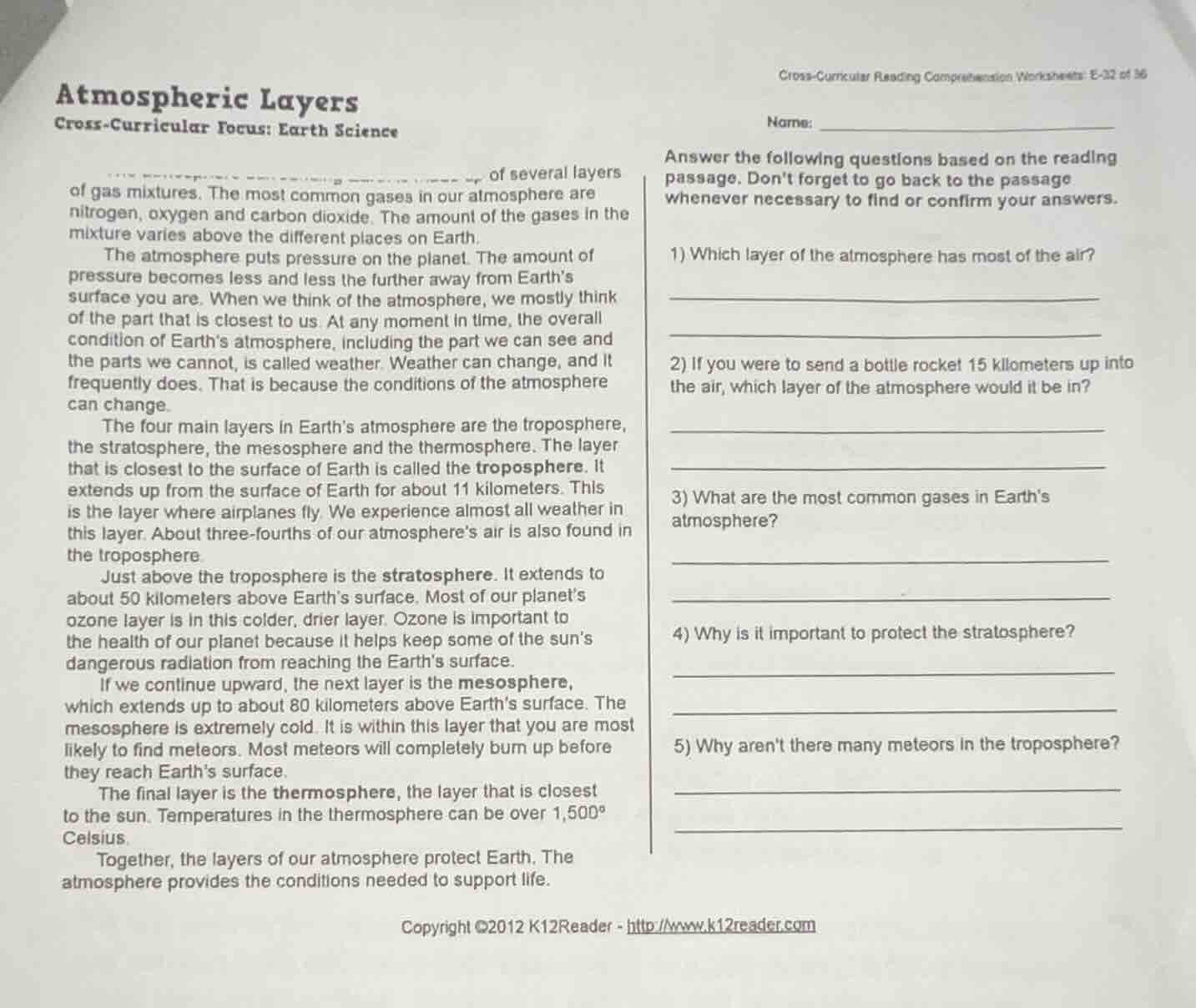 atmospheric layers cross - curricular focus: earth science of several l…