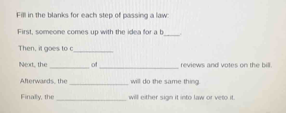 fill in the blanks for each step of passing a law: first, someone comes…