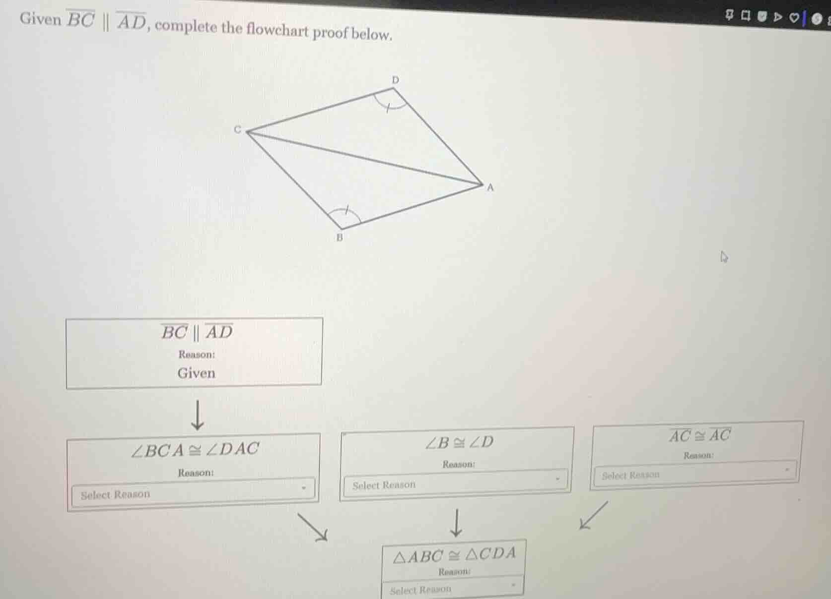 given \\(\\overline{bc} \\parallel \\overline{ad}\\), complete the flow…