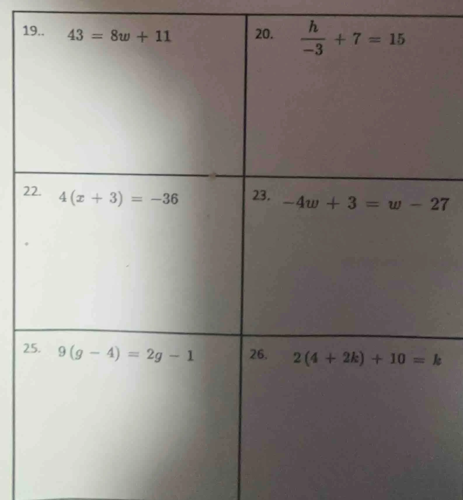19.. 43 = 8w + 11 20. \\(\\frac{h}{-3} + 7 = 15\\) 22. 4(x + 3) = -36 2…