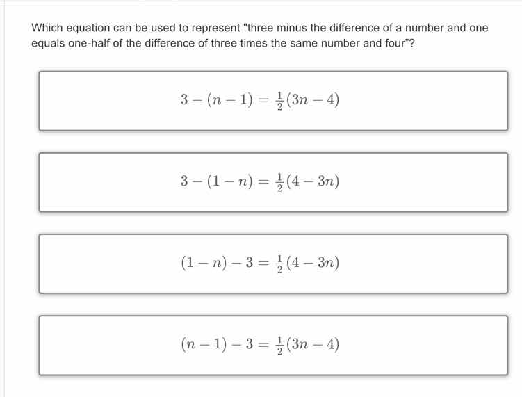which equation can be used to represent \three minus the difference of …