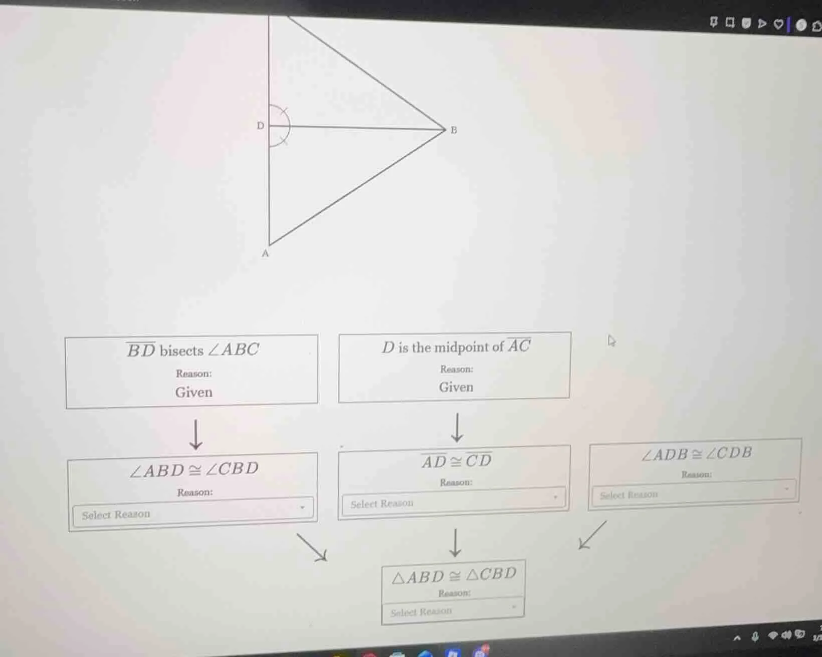 $\\overline{bd}$ bisects $\\angle abc$ reason: given $d$ is the midpoin…