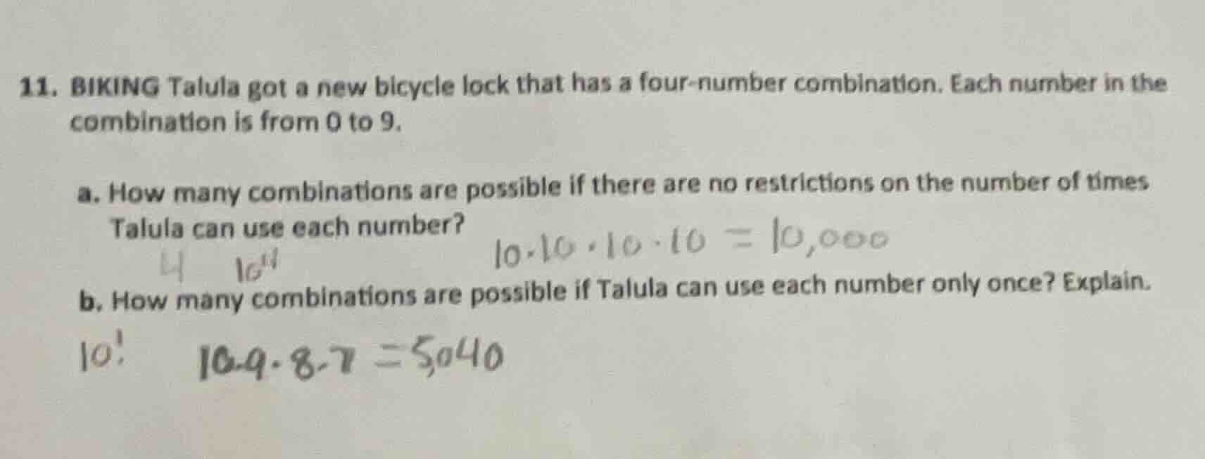 11. biking talula got a new bicycle lock that has a four - number combi…