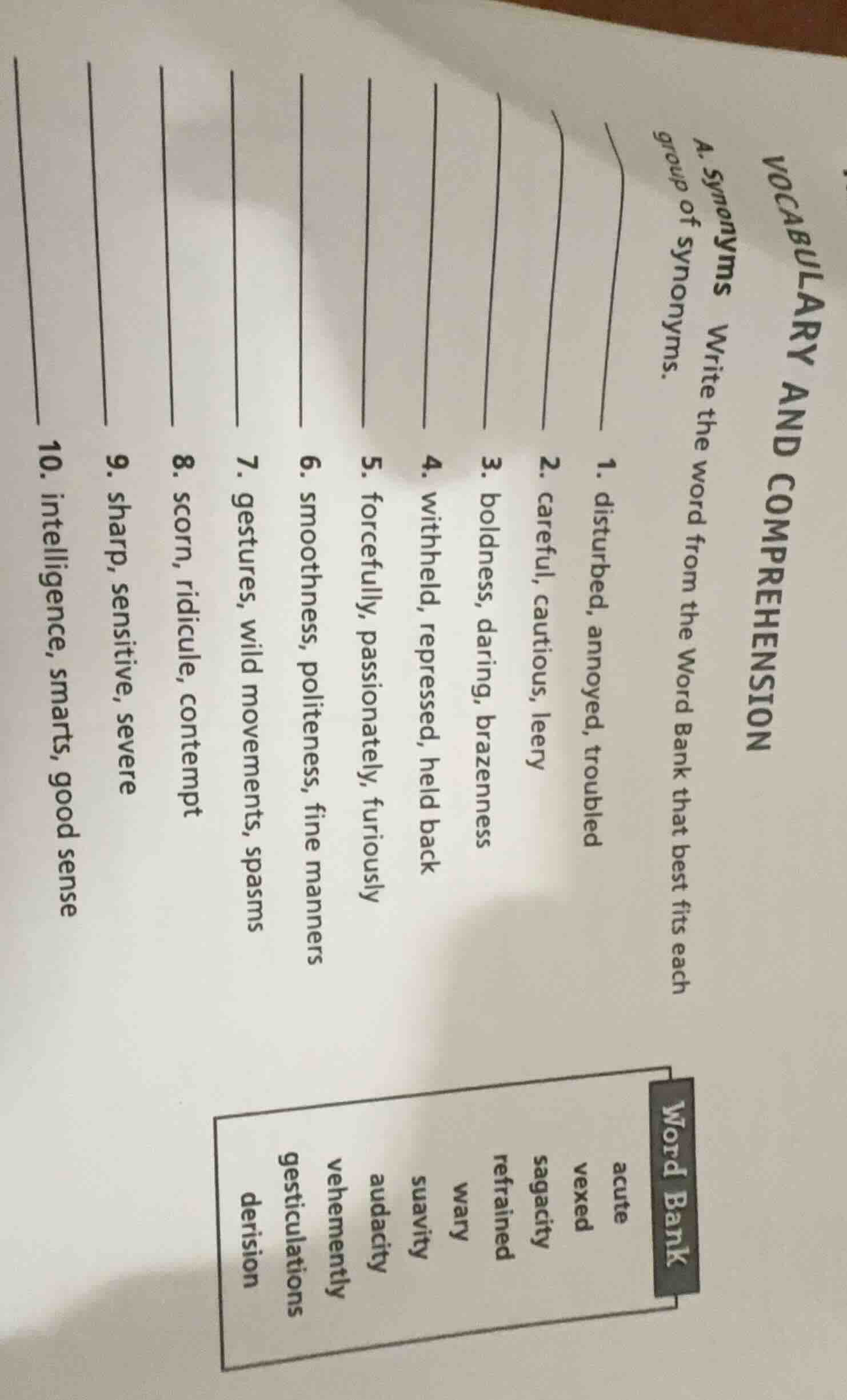 vocabulary and comprehension a. synonyms write the word from the word b…